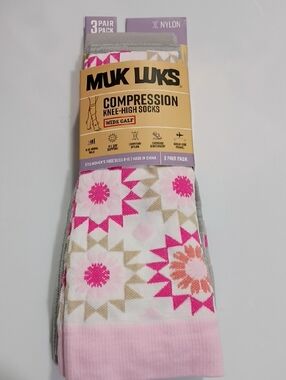 MUK LUKS PINK CREAM GRAY 3-PACK  WIDE CALF COMPRESSION KNEE-HIGH SOCKS NWT